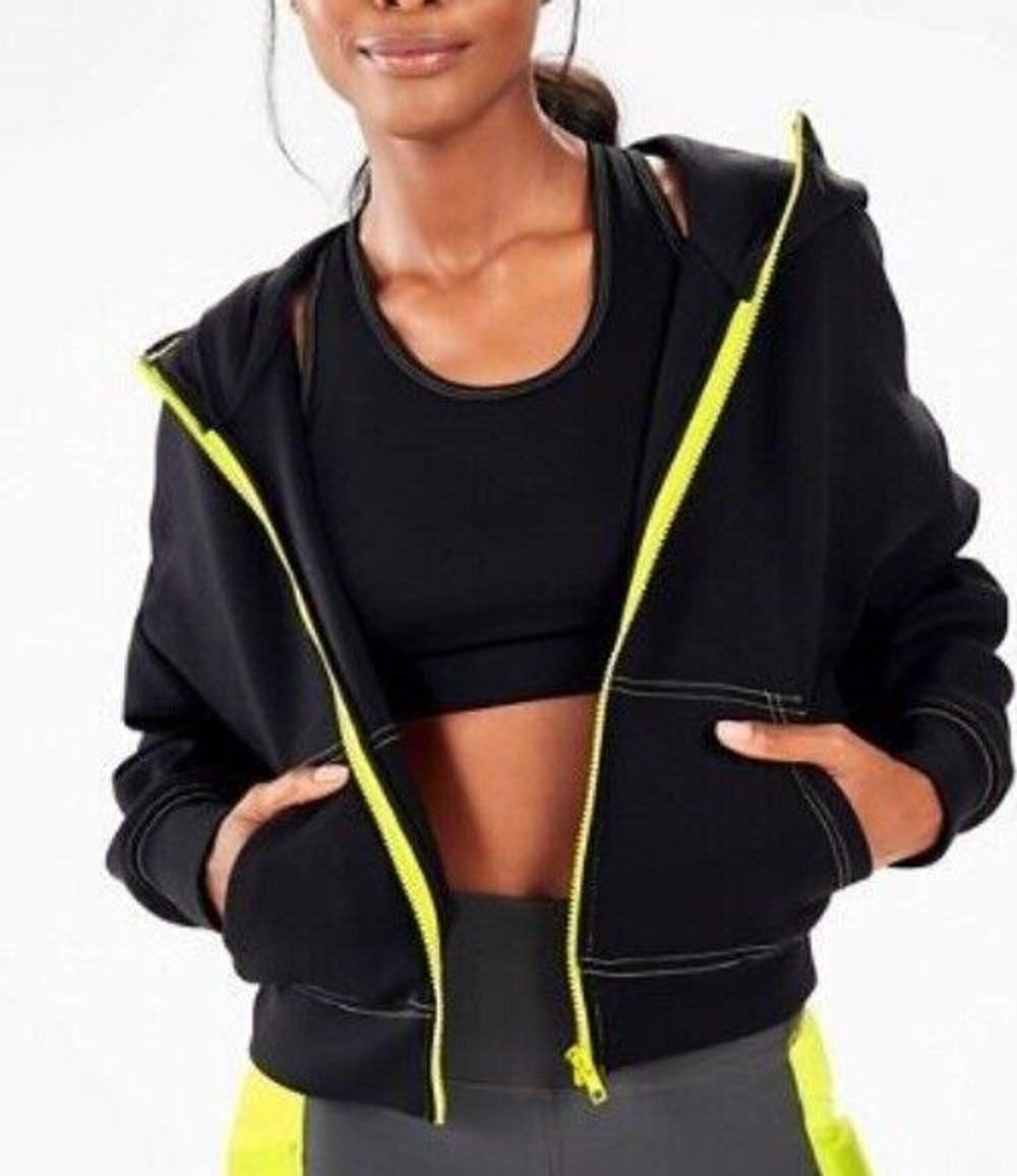 Fabletics Stacey Hooded Cropped Jacket Full Zip Workout Black Yellow Womens S